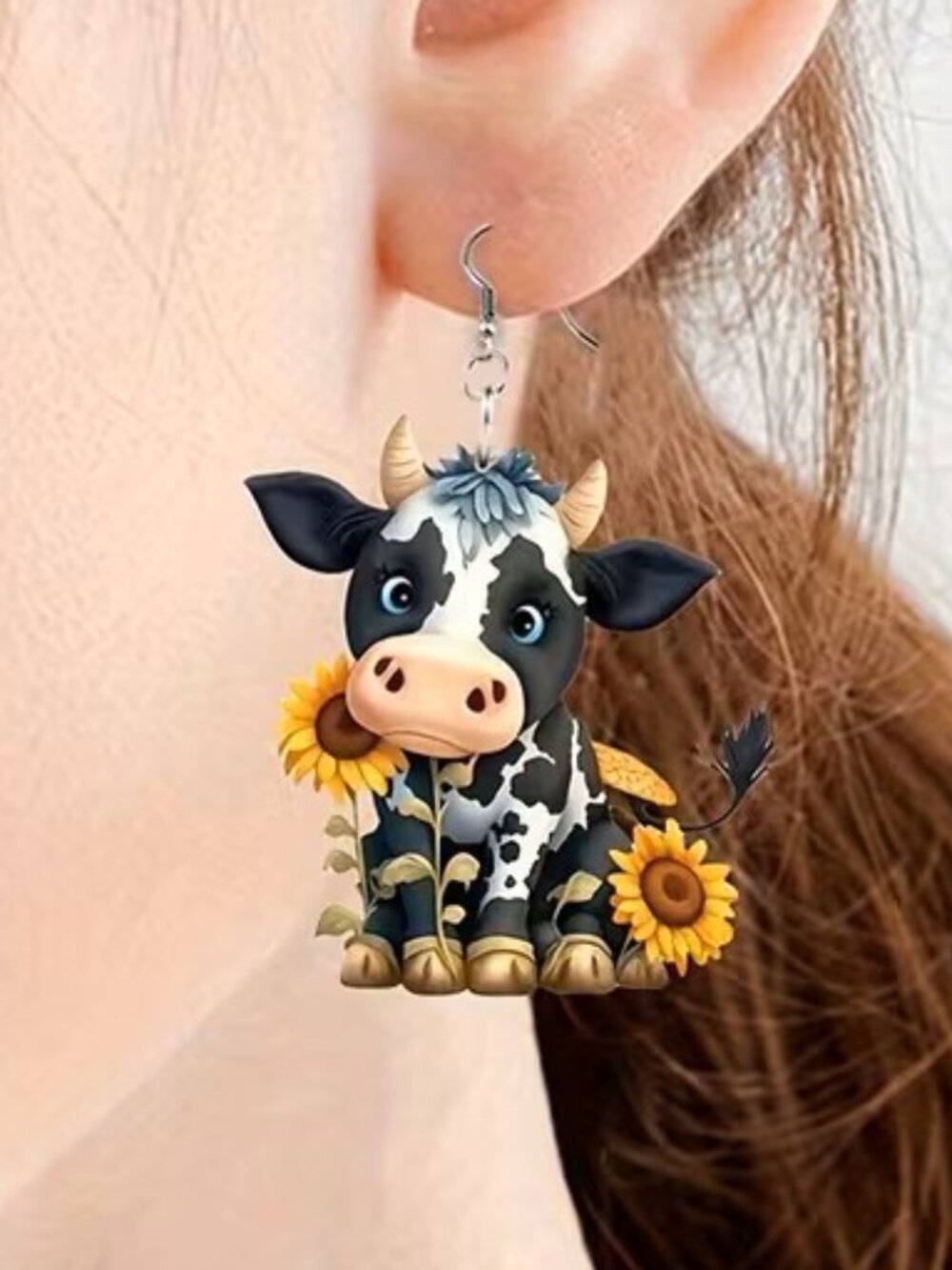 Acrylic Cow & Sunflower Cartoon Earrings Z169